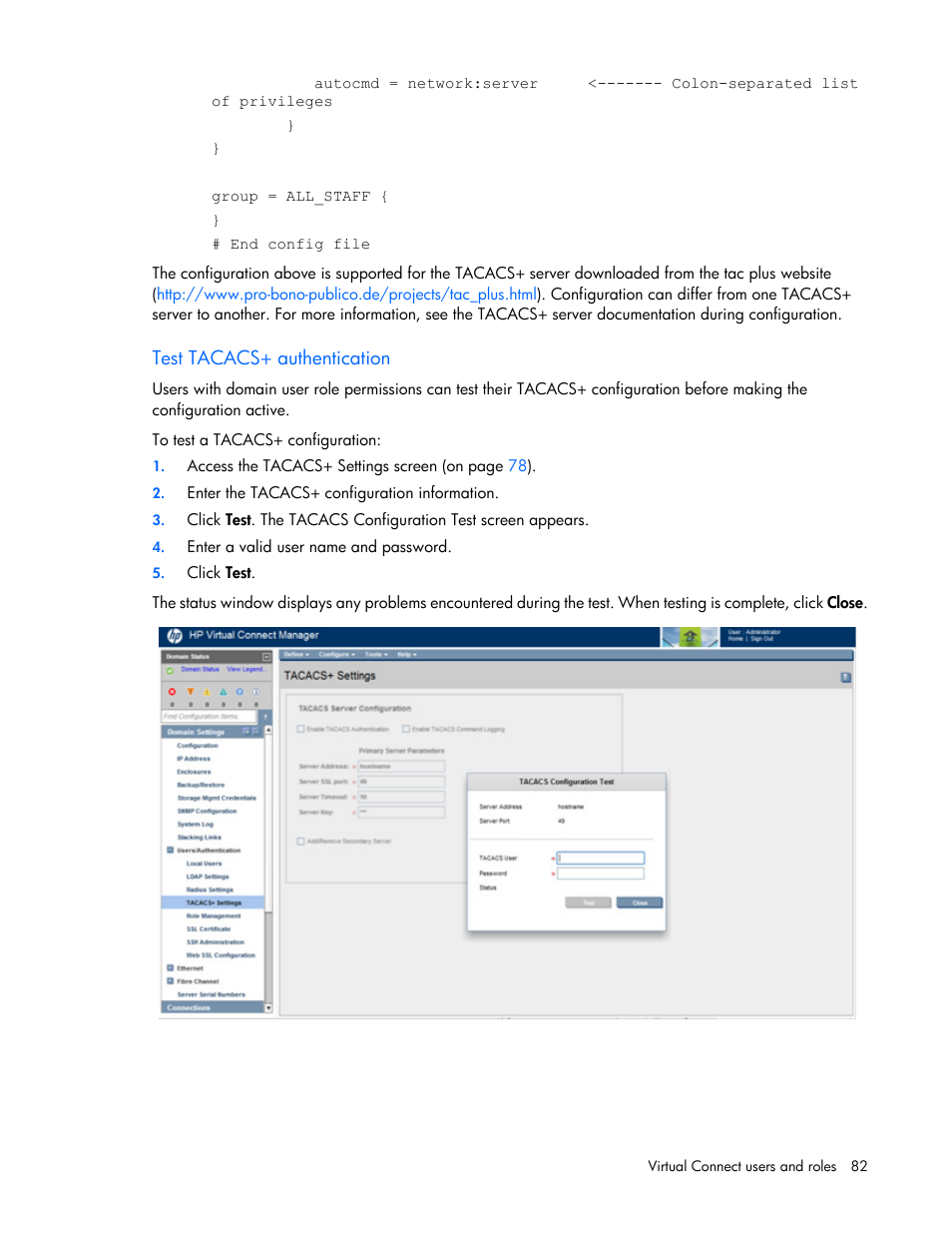 Test tacacs+ authentication | HP Virtual Connect 4Gb Fibre Channel Module for c-Class BladeSystem User Manual | Page 82 / 308