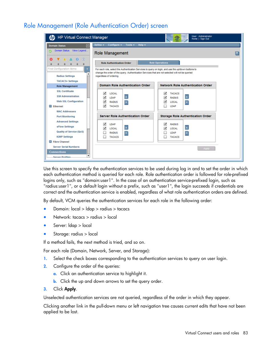 Role management (role authentication order) screen | HP Virtual Connect 4Gb Fibre Channel Module for c-Class BladeSystem User Manual | Page 83 / 308