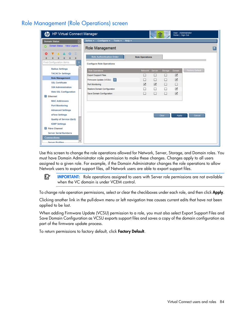 Role management (role operations) screen | HP Virtual Connect 4Gb Fibre Channel Module for c-Class BladeSystem User Manual | Page 84 / 308