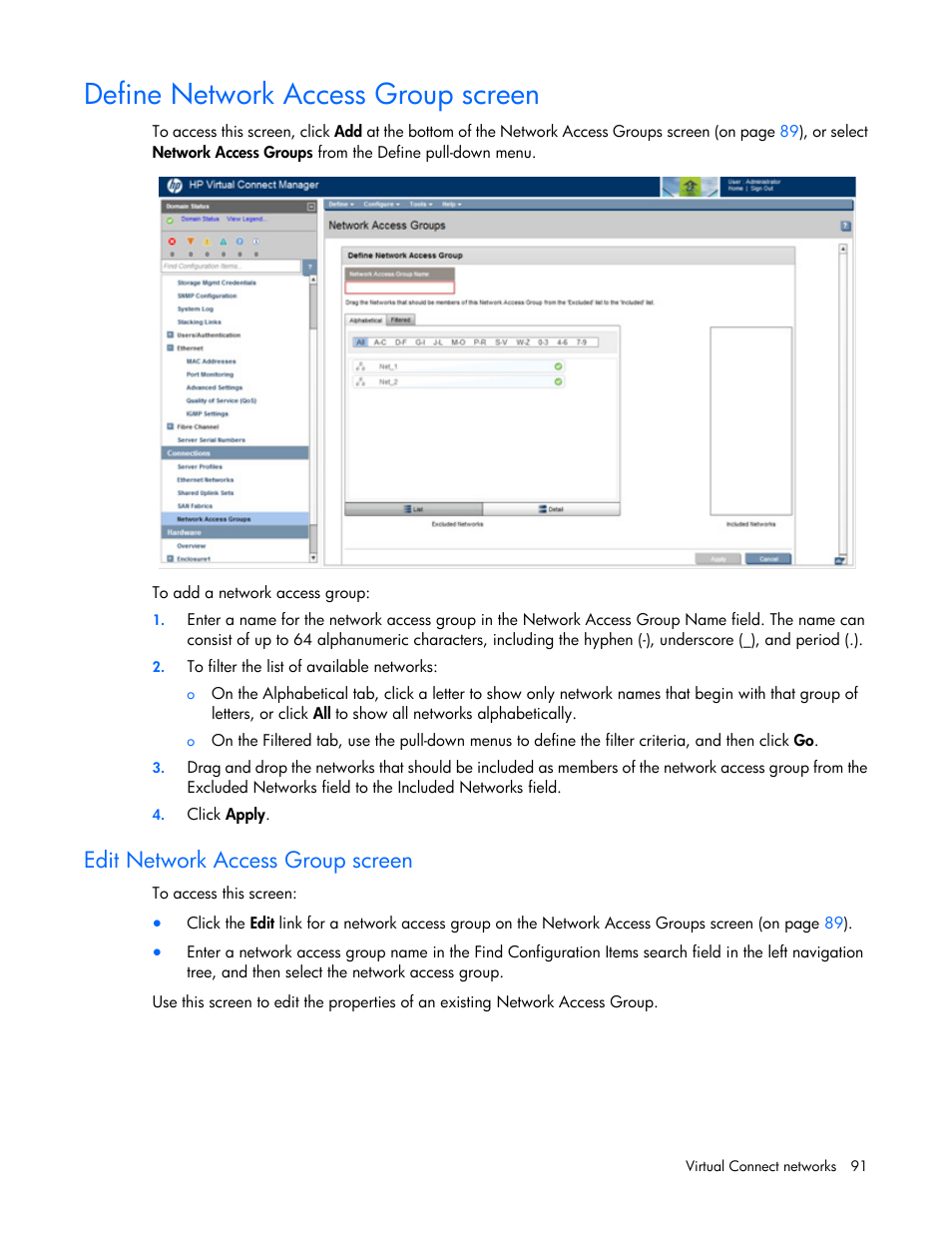 Define network access group screen, Edit network access group screen, Edit | Network access group screen | HP Virtual Connect 4Gb Fibre Channel Module for c-Class BladeSystem User Manual | Page 91 / 308