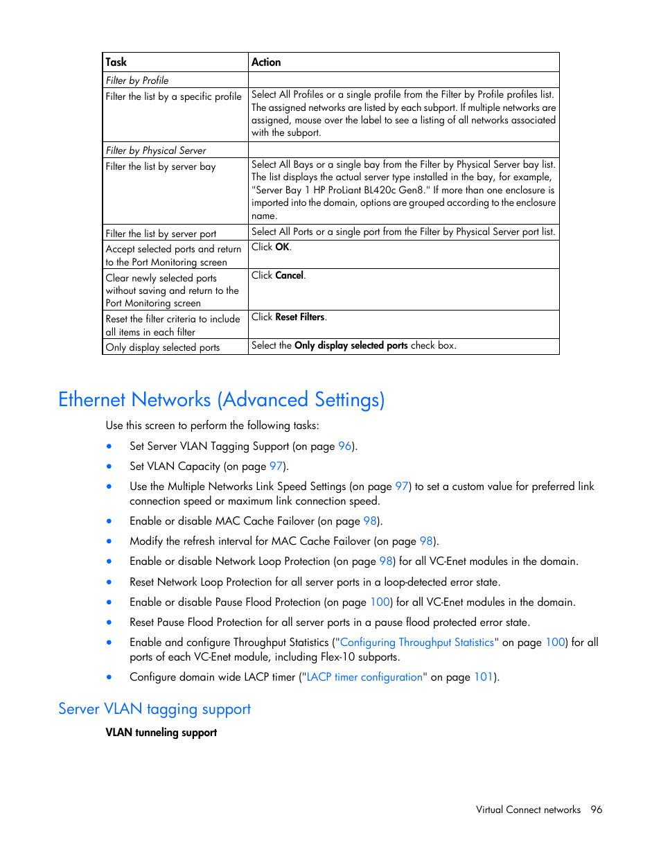 Ethernet networks (advanced settings), Server vlan tagging support, Ethernet networks (advanced | Settings) | HP Virtual Connect 4Gb Fibre Channel Module for c-Class BladeSystem User Manual | Page 96 / 308