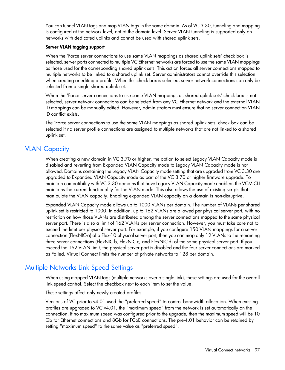 Vlan capacity, Multiple networks link speed settings | HP Virtual Connect 4Gb Fibre Channel Module for c-Class BladeSystem User Manual | Page 97 / 308