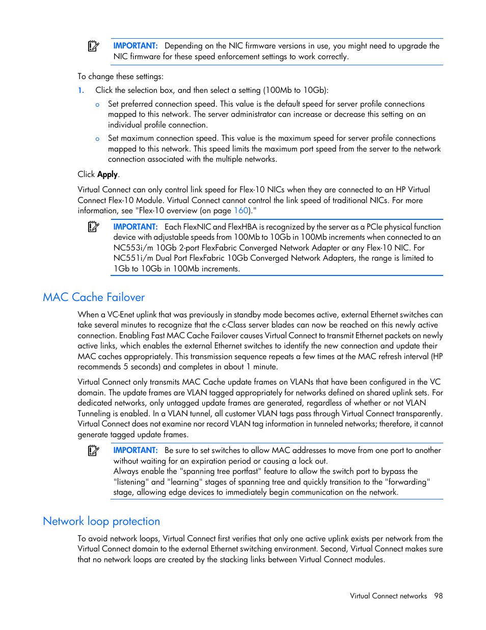 Mac cache failover, Network loop protection | HP Virtual Connect 4Gb Fibre Channel Module for c-Class BladeSystem User Manual | Page 98 / 308