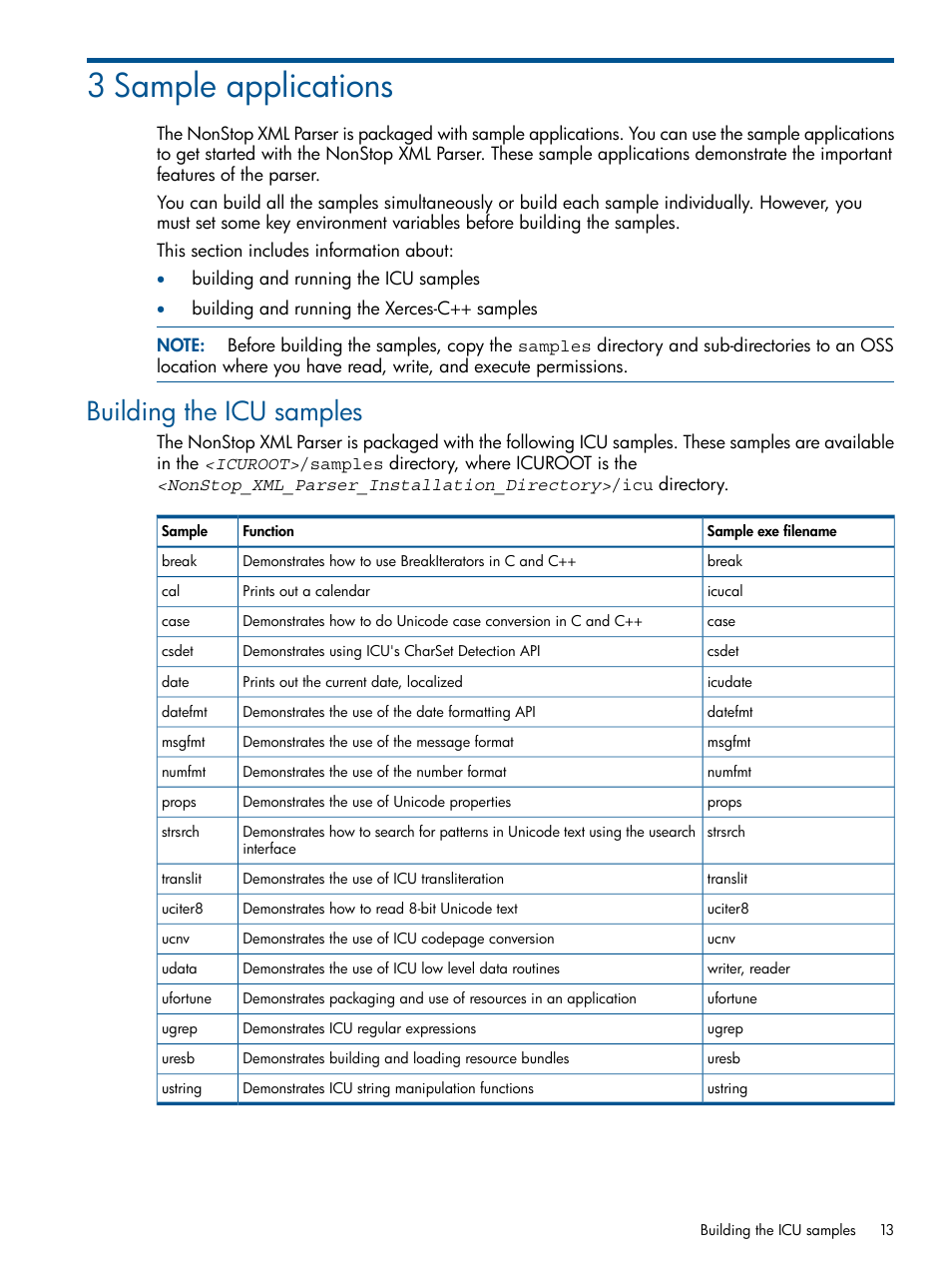 3 sample applications, Building the icu samples | HP Integrity NonStop H-Series User Manual | Page 13 / 19