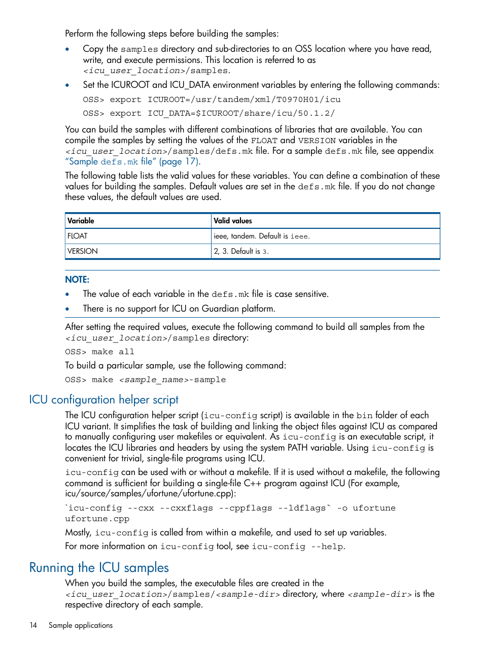 Icu configuration helper script, Running the icu samples | HP Integrity NonStop H-Series User Manual | Page 14 / 19