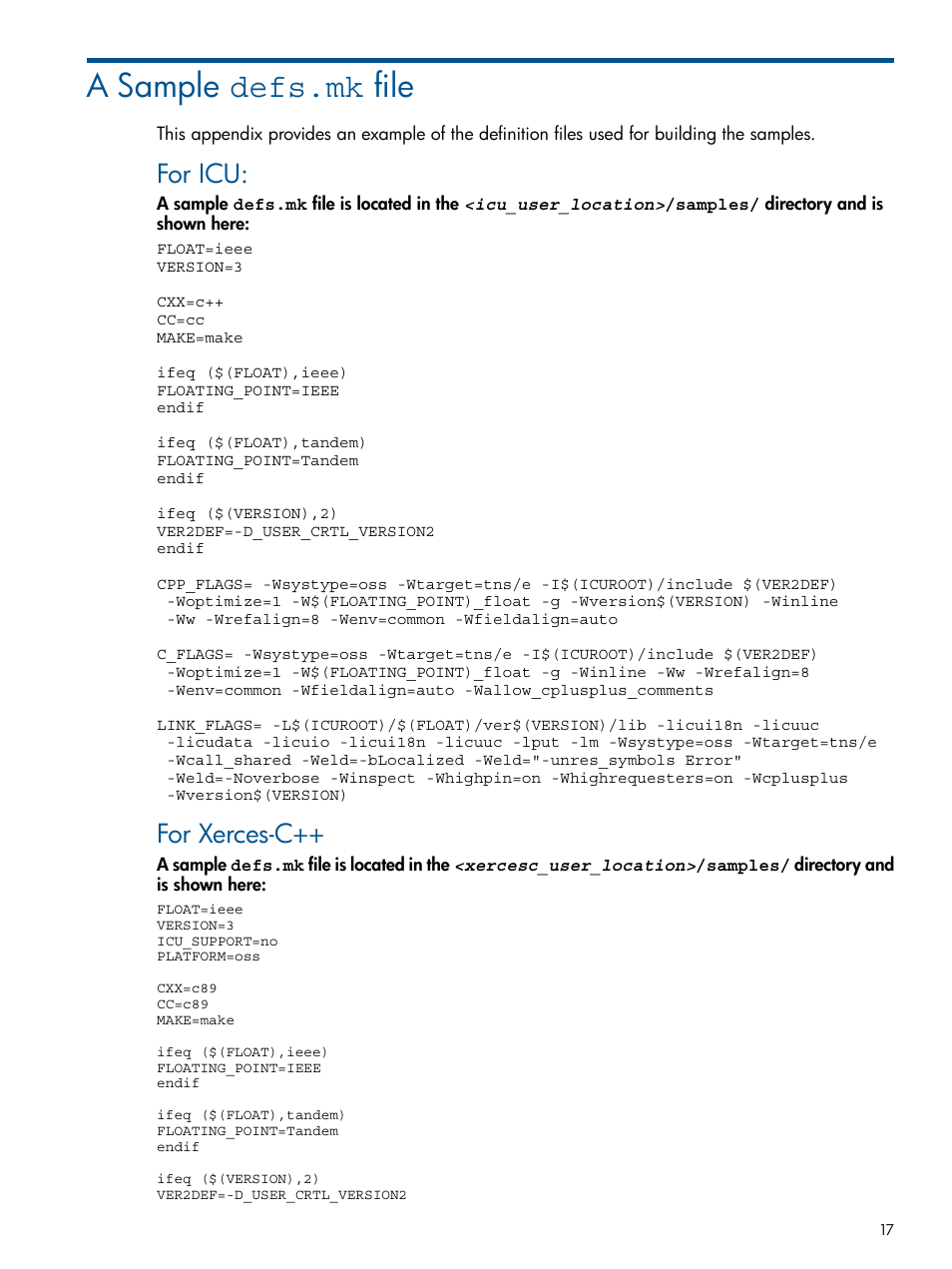 A sample defs.mk file, For icu, For xerces-c | HP Integrity NonStop H-Series User Manual | Page 17 / 19