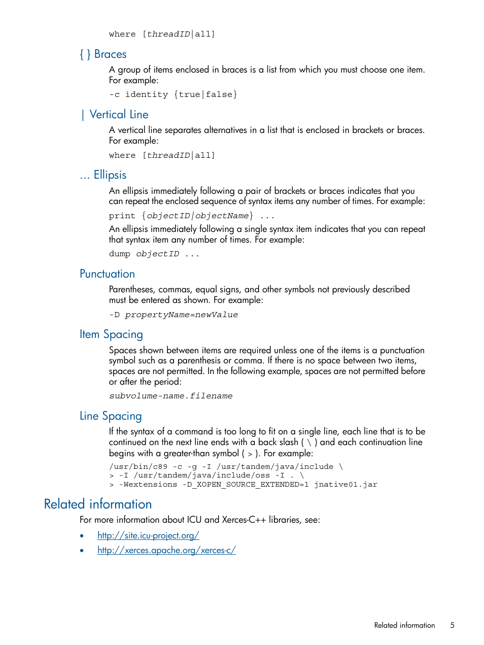 Related information, Braces, Vertical line | Ellipsis, Punctuation, Item spacing, Line spacing | HP Integrity NonStop H-Series User Manual | Page 5 / 19