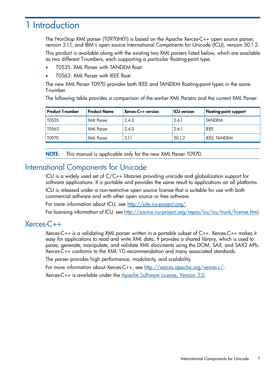 1 introduction, International components for unicode, Xerces-c | International components for unicode xerces-c | HP Integrity NonStop H-Series User Manual | Page 7 / 19