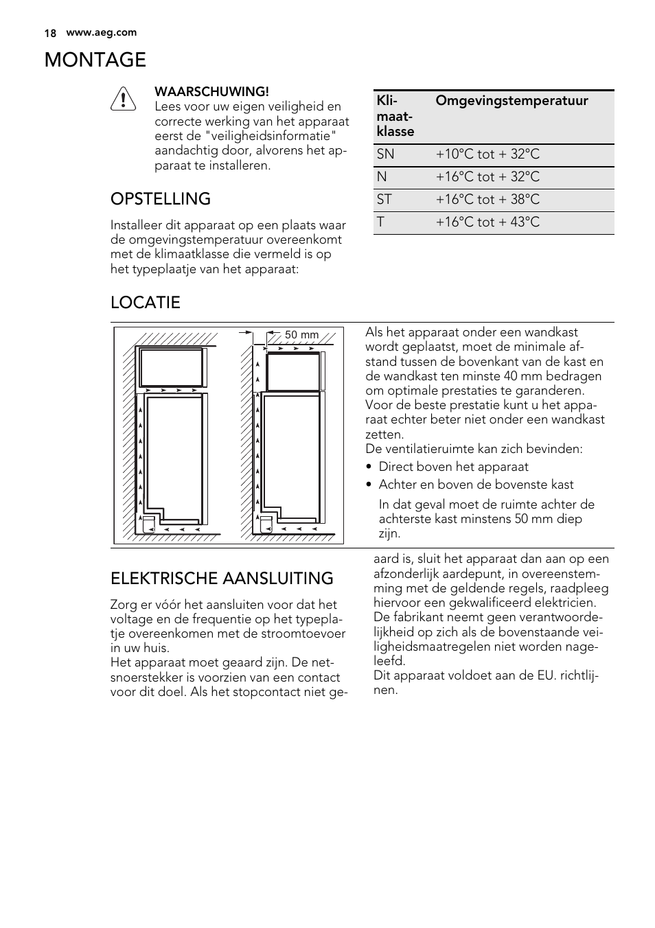 Montage, Opstelling, Locatie | Elektrische aansluiting | AEG A93100GNW0 User Manual | Page 18 / 92