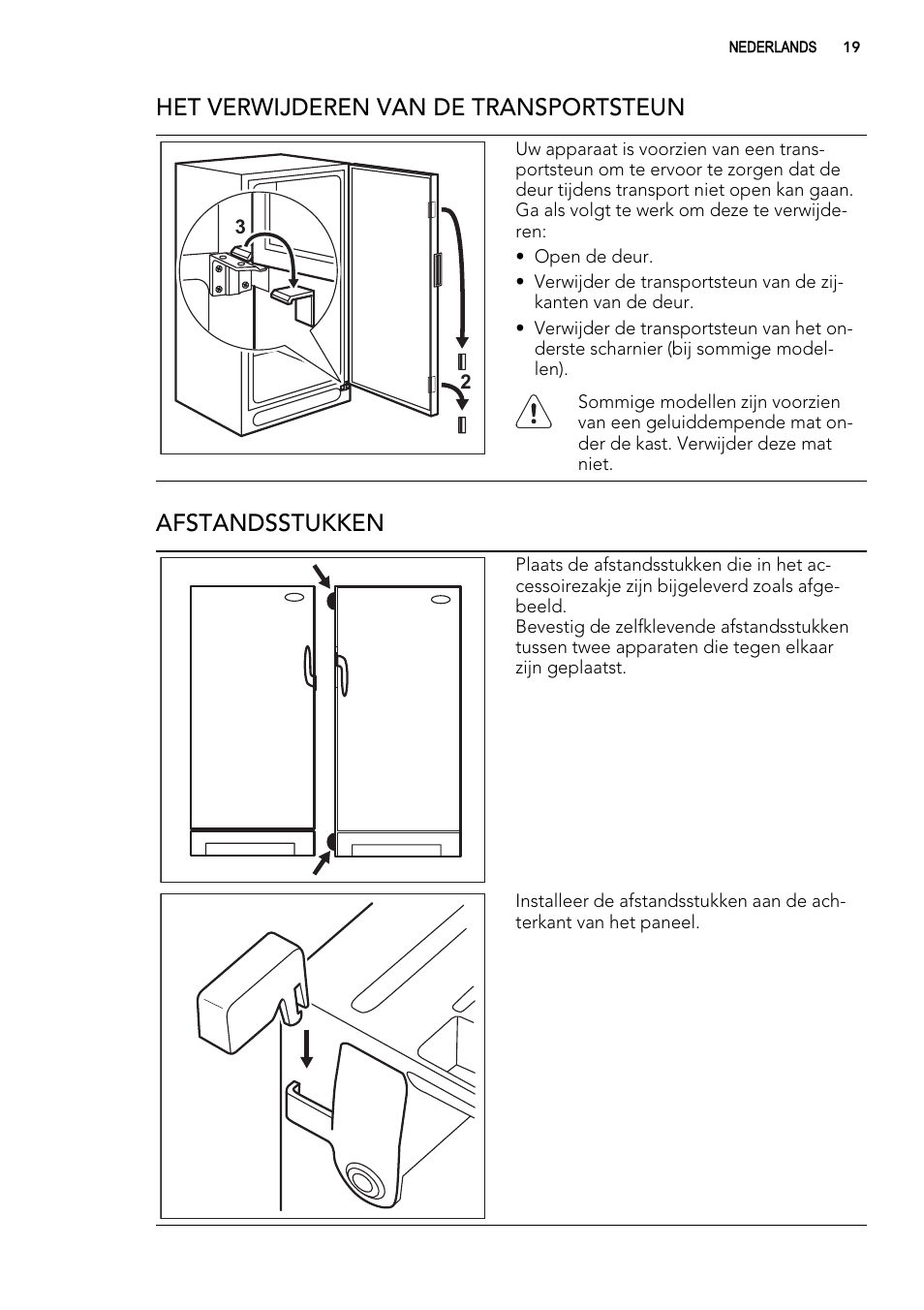 Het verwijderen van de transportsteun, Afstandsstukken | AEG A93100GNW0 User Manual | Page 19 / 92