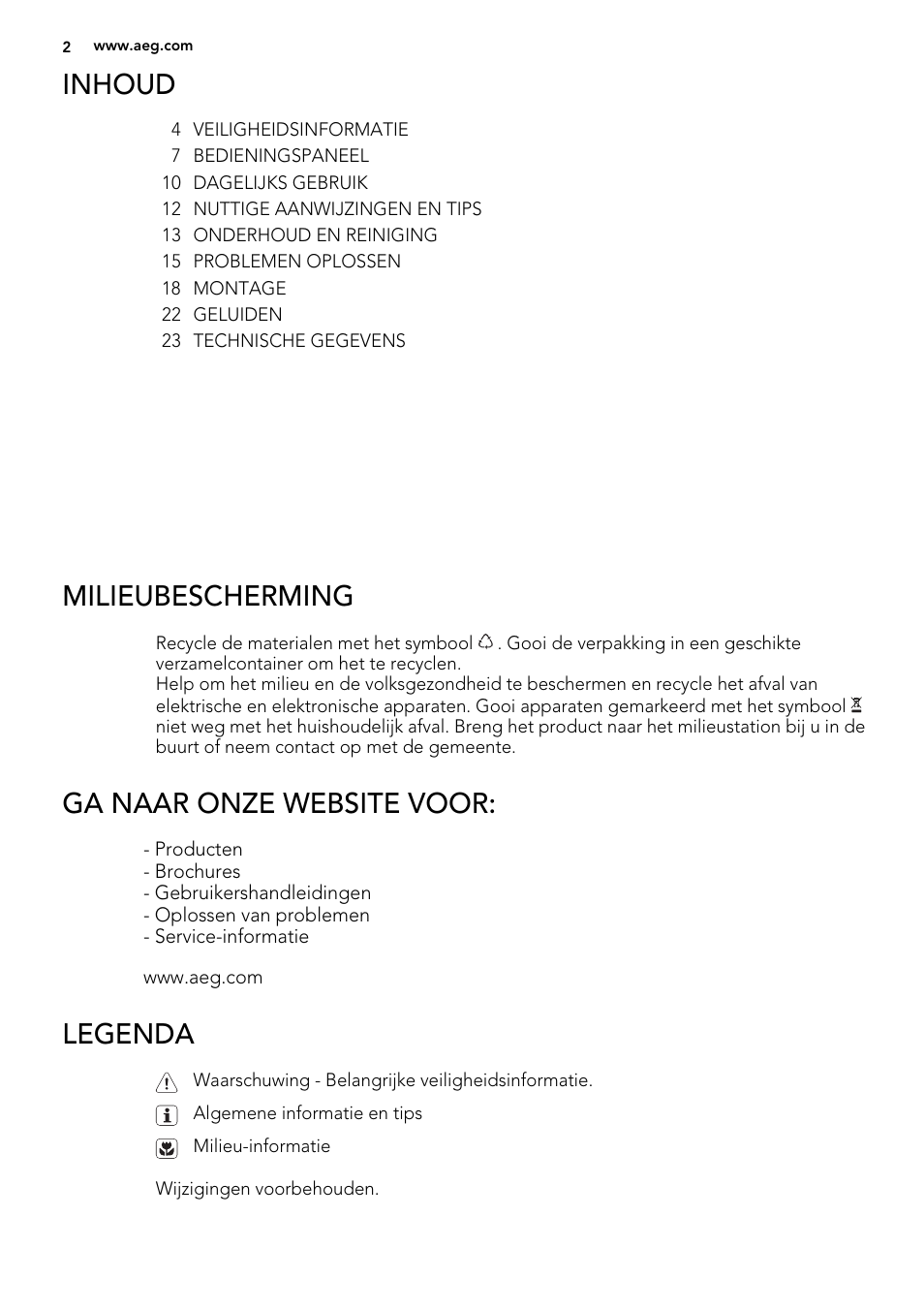 Inhoud, Milieubescherming, Ga naar onze website voor | Legenda | AEG A93100GNW0 User Manual | Page 2 / 92