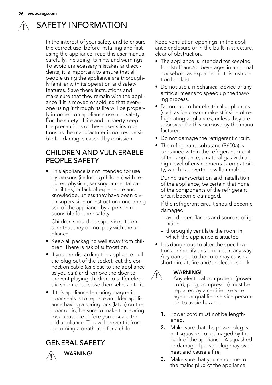 Safety information, Children and vulnerable people safety, General safety | AEG A93100GNW0 User Manual | Page 26 / 92