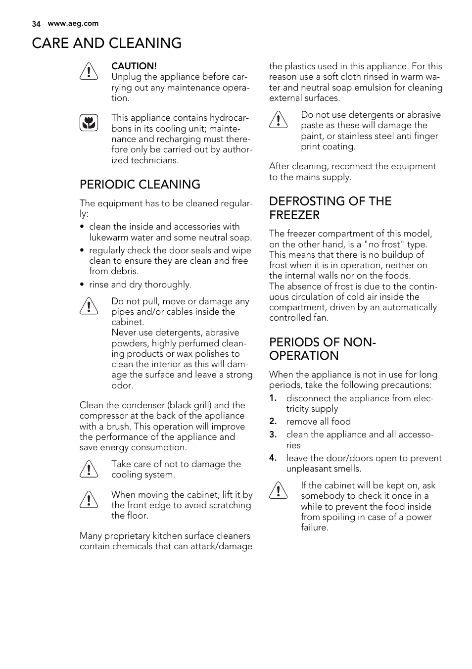 Care and cleaning, Periodic cleaning, Defrosting of the freezer | Periods of non- operation | AEG A93100GNW0 User Manual | Page 34 / 92