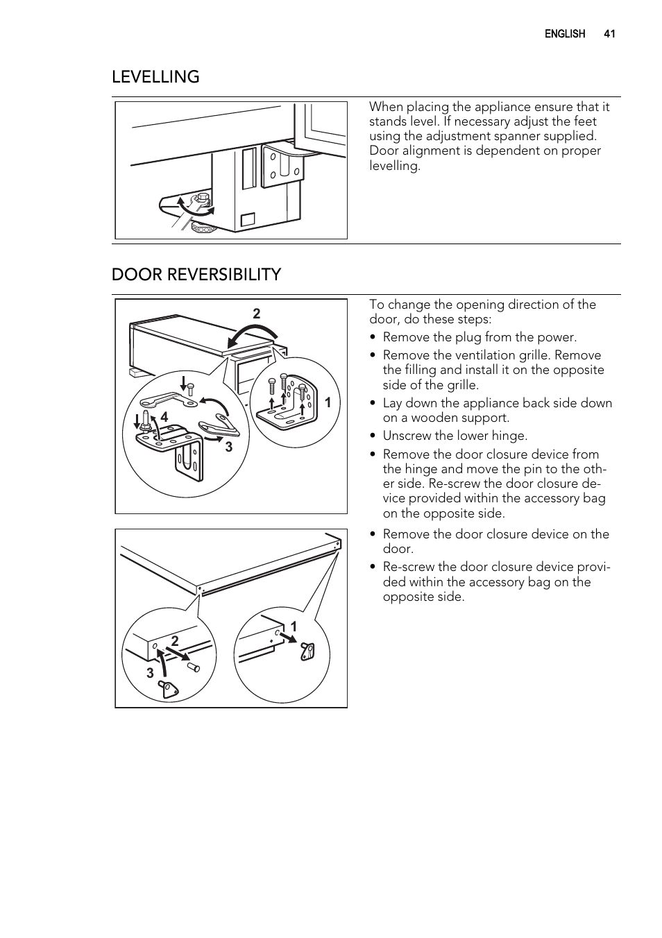 Levelling, Door reversibility | AEG A93100GNW0 User Manual | Page 41 / 92