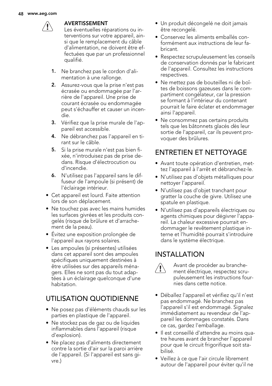Utilisation quotidienne, Entretien et nettoyage, Installation | AEG A93100GNW0 User Manual | Page 48 / 92