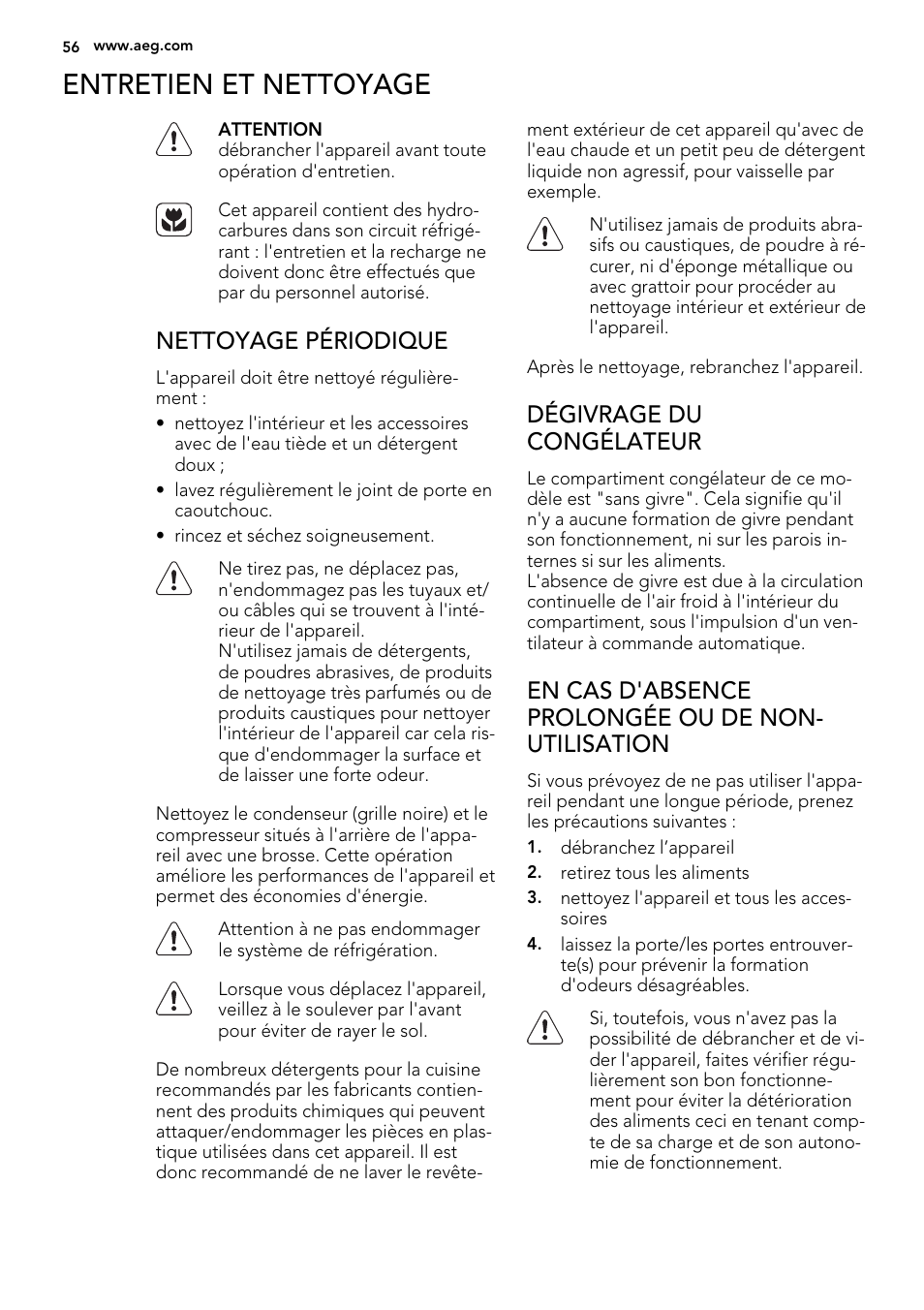 Entretien et nettoyage, Nettoyage périodique, Dégivrage du congélateur | En cas d'absence prolongée ou de non- utilisation | AEG A93100GNW0 User Manual | Page 56 / 92
