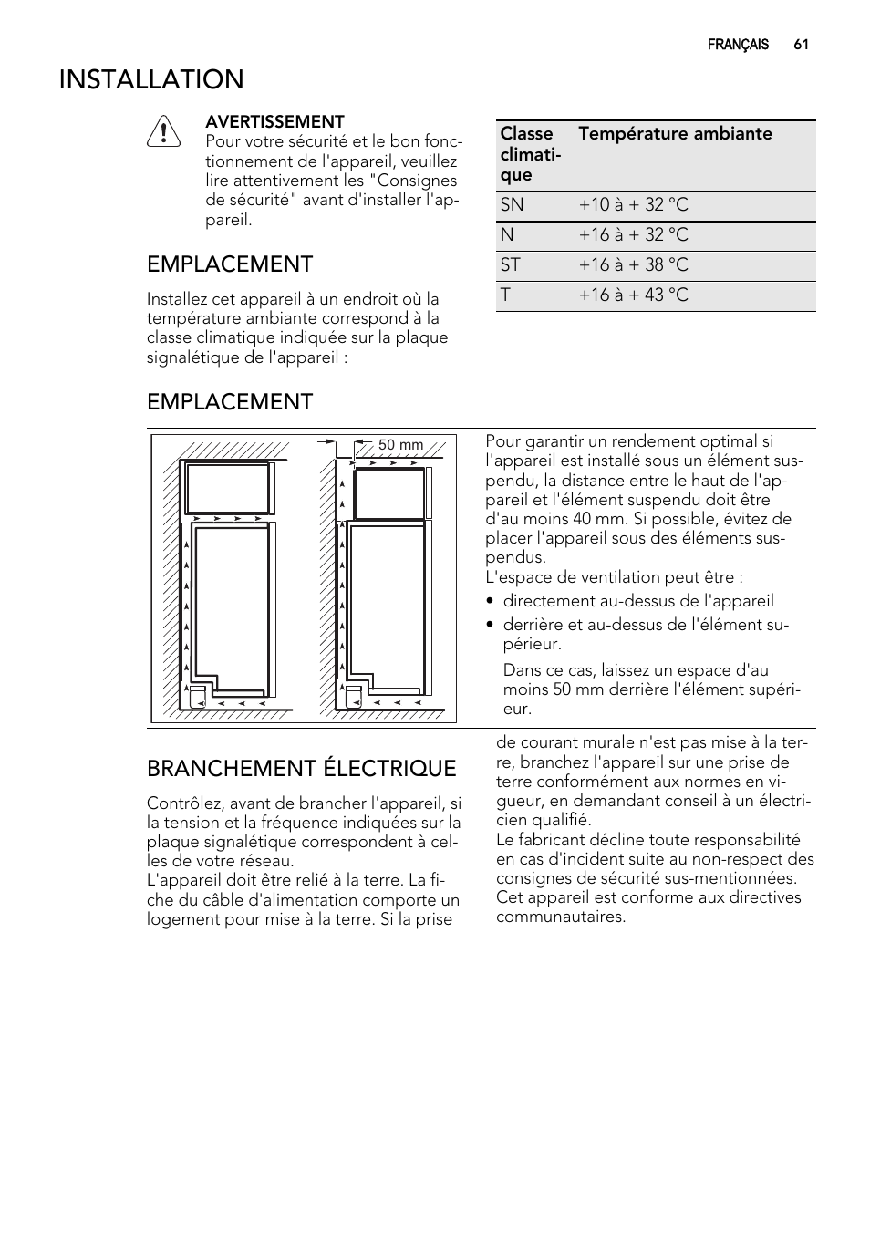 Installation, Emplacement, Branchement électrique | AEG A93100GNW0 User Manual | Page 61 / 92