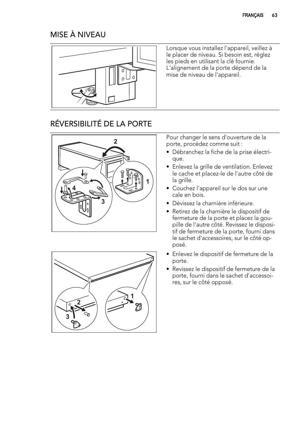 Mise à niveau, Réversibilité de la porte | AEG A93100GNW0 User Manual | Page 63 / 92