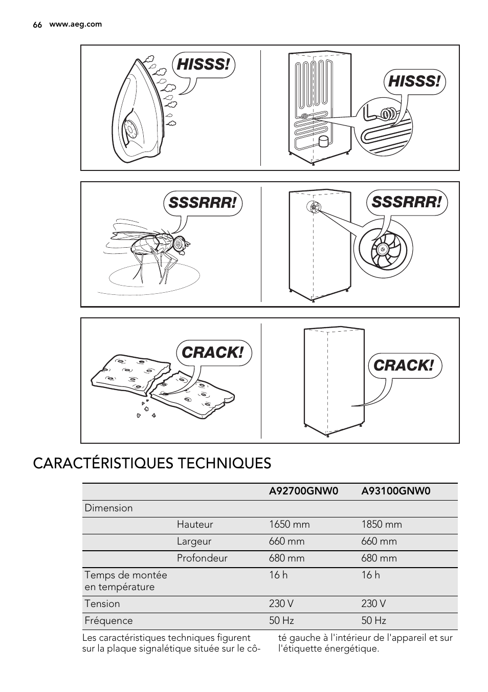 Hisss, Sssrrr, Crack | Caractéristiques techniques | AEG A93100GNW0 User Manual | Page 66 / 92