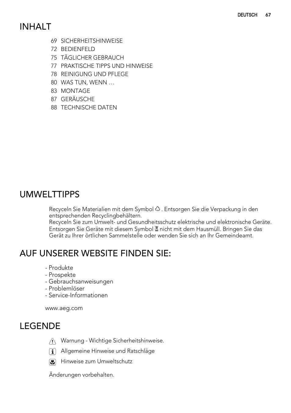 Inhalt, Umwelttipps, Auf unserer website finden sie | Legende | AEG A93100GNW0 User Manual | Page 67 / 92