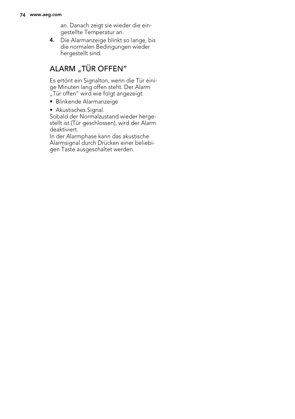 Alarm „tür offen | AEG A93100GNW0 User Manual | Page 74 / 92