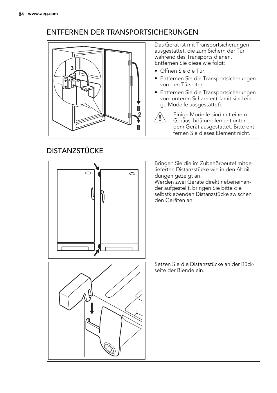 Entfernen der transportsicherungen, Distanzstücke | AEG A93100GNW0 User Manual | Page 84 / 92