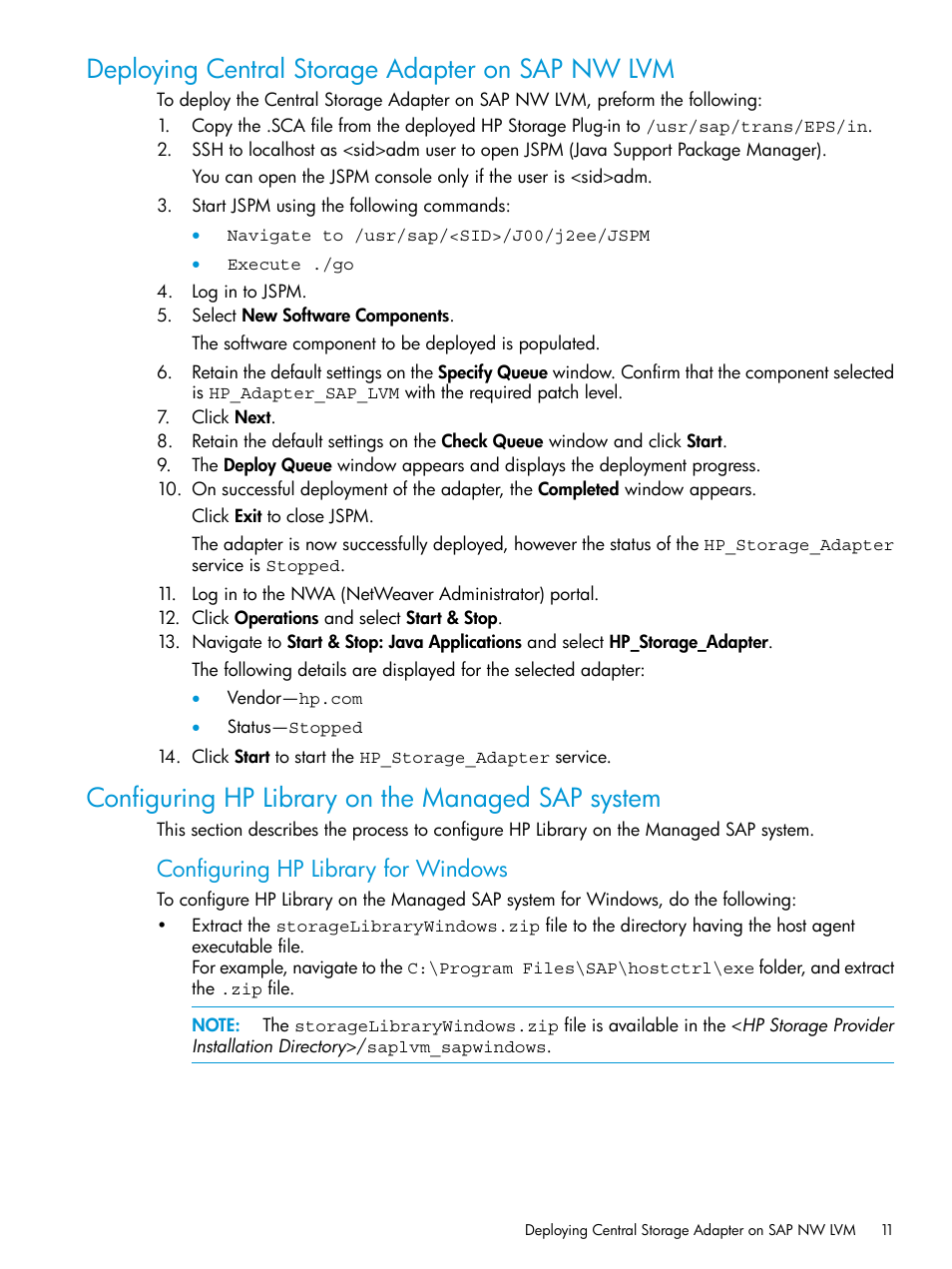 Deploying central storage adapter on sap nw lvm, Configuring hp library on the managed sap system, Configuring hp library for windows | HP Plug-in for SAP NetWeaver Landscape Virtualization Management for Storage User Manual | Page 11 / 27