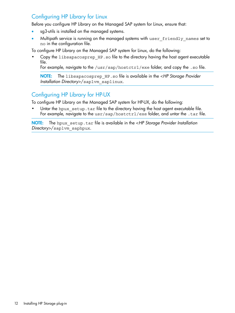Configuring hp library for linux, Configuring hp library for hp-ux | HP Plug-in for SAP NetWeaver Landscape Virtualization Management for Storage User Manual | Page 12 / 27