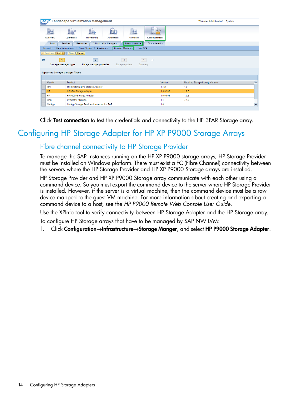 Fibre channel connectivity to hp storage provider | HP Plug-in for SAP NetWeaver Landscape Virtualization Management for Storage User Manual | Page 14 / 27
