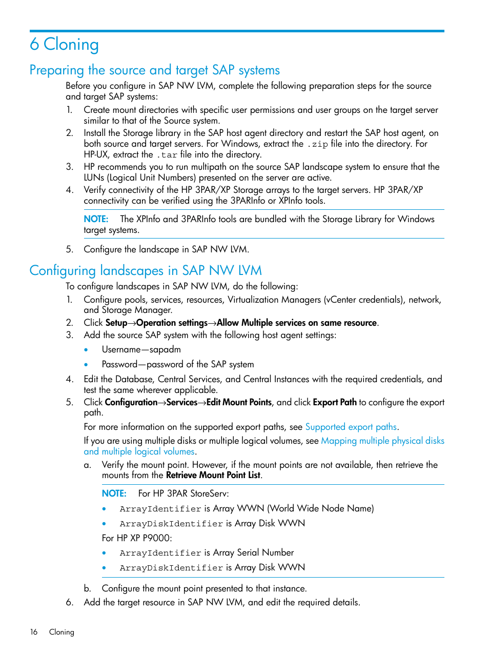 6 cloning, Preparing the source and target sap systems, Configuring landscapes in sap nw lvm | HP Plug-in for SAP NetWeaver Landscape Virtualization Management for Storage User Manual | Page 16 / 27