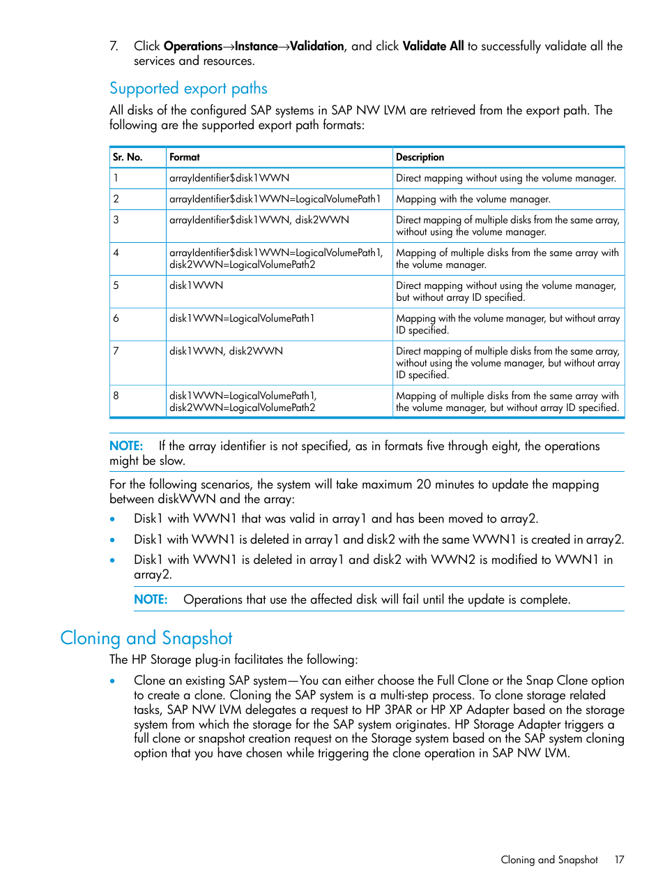 Cloning and snapshot, Supported export paths | HP Plug-in for SAP NetWeaver Landscape Virtualization Management for Storage User Manual | Page 17 / 27