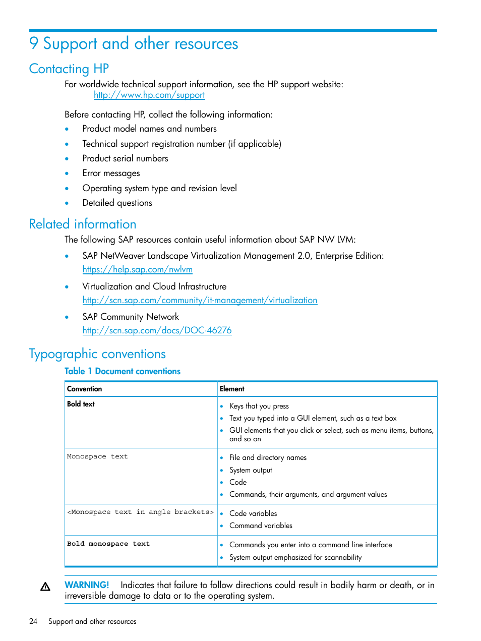 9 support and other resources, Contacting hp, Related information | Typographic conventions | HP Plug-in for SAP NetWeaver Landscape Virtualization Management for Storage User Manual | Page 24 / 27