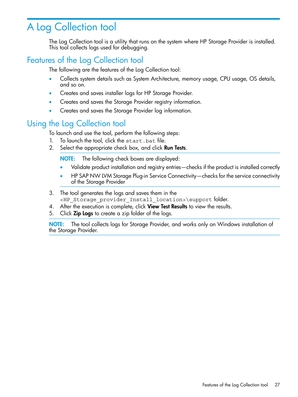 A log collection tool, Features of the log collection tool, Using the log collection tool | HP Plug-in for SAP NetWeaver Landscape Virtualization Management for Storage User Manual | Page 27 / 27