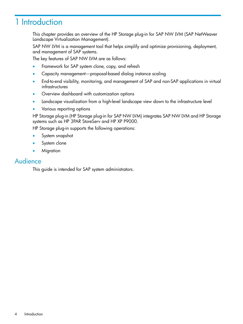 1 introduction, Audience | HP Plug-in for SAP NetWeaver Landscape Virtualization Management for Storage User Manual | Page 4 / 27