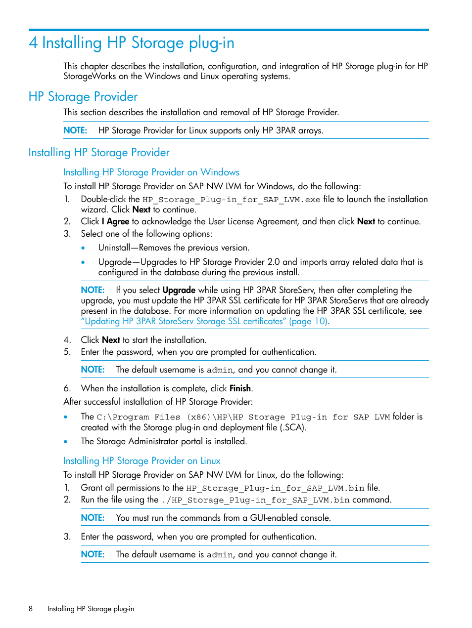 4 installing hp storage plug-in, Hp storage provider, Installing hp storage provider | HP Plug-in for SAP NetWeaver Landscape Virtualization Management for Storage User Manual | Page 8 / 27