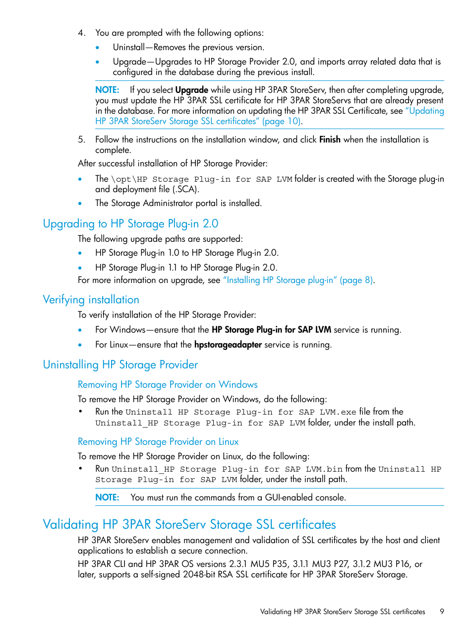 Upgrading to hp storage plug-in 2.0, Verifying installation, Uninstalling hp storage provider | HP Plug-in for SAP NetWeaver Landscape Virtualization Management for Storage User Manual | Page 9 / 27