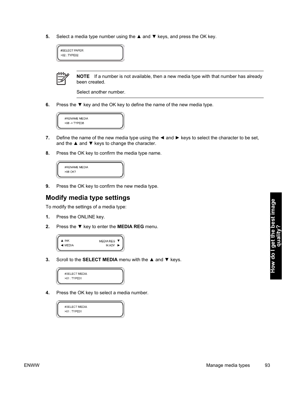 Modify media type settings | HP Designjet 9000s Printer series User Manual | Page 103 / 200