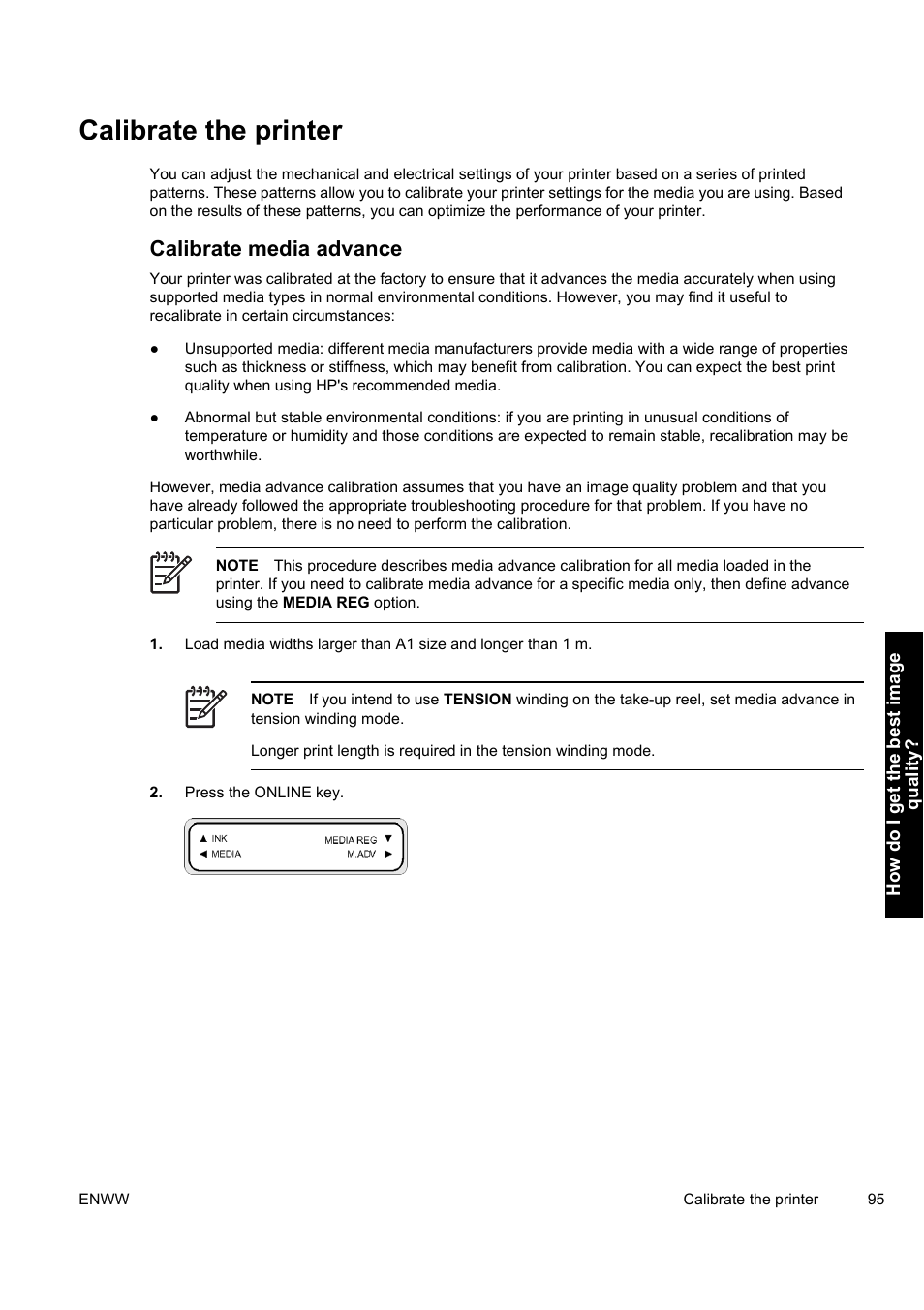 Calibrate the printer, Calibrate media advance | HP Designjet 9000s Printer series User Manual | Page 105 / 200