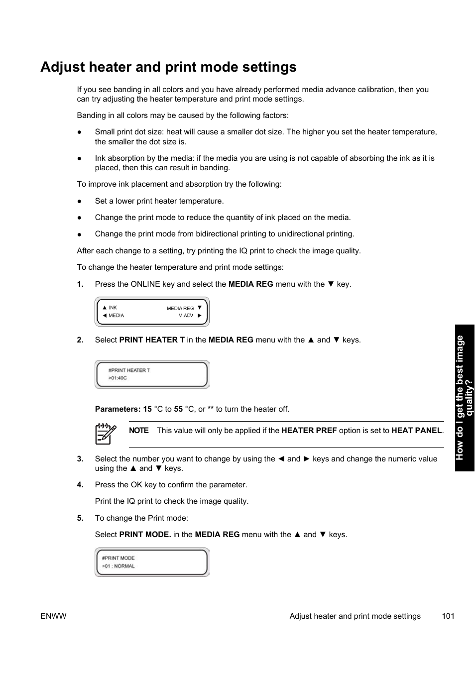 Adjust heater and print mode settings | HP Designjet 9000s Printer series User Manual | Page 111 / 200