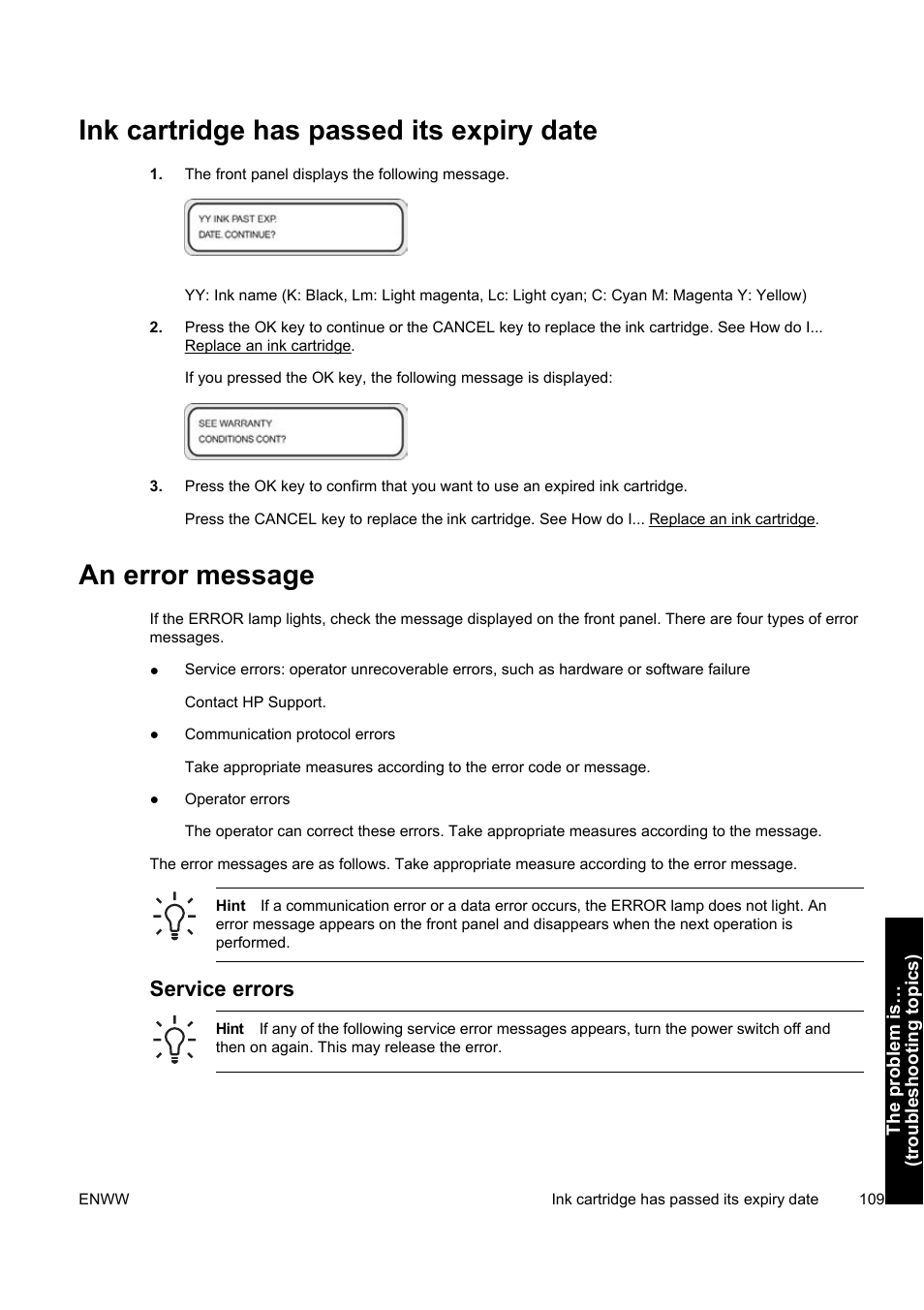 Ink cartridge has passed its expiry date, An error message, Service errors | HP Designjet 9000s Printer series User Manual | Page 119 / 200