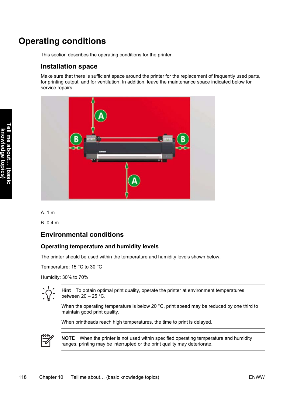 Operating conditions, Installation space, Environmental conditions | HP Designjet 9000s Printer series User Manual | Page 128 / 200