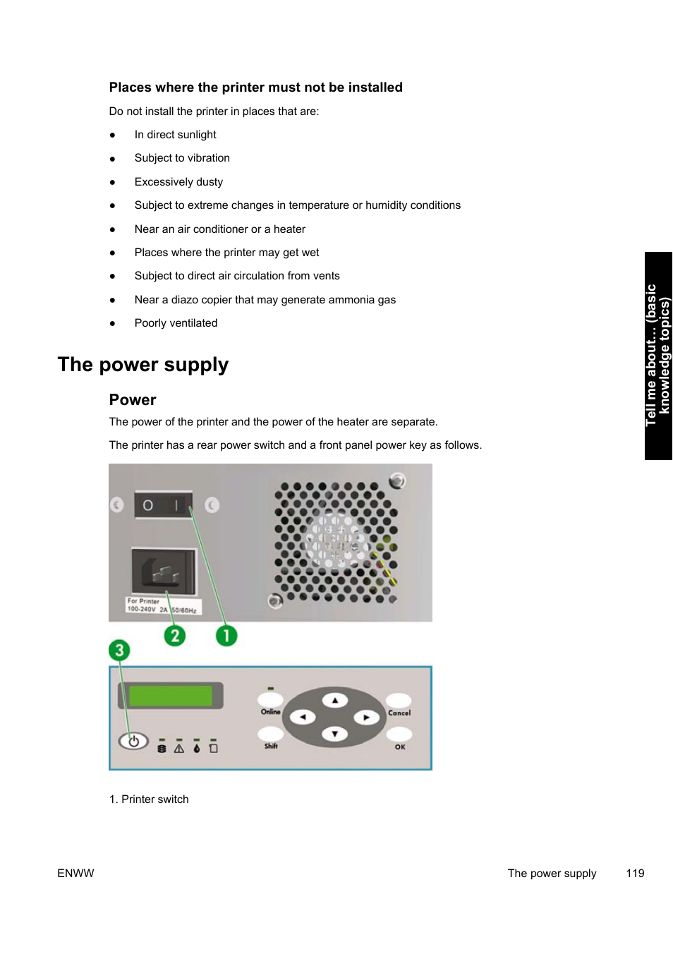 The power supply, Power | HP Designjet 9000s Printer series User Manual | Page 129 / 200