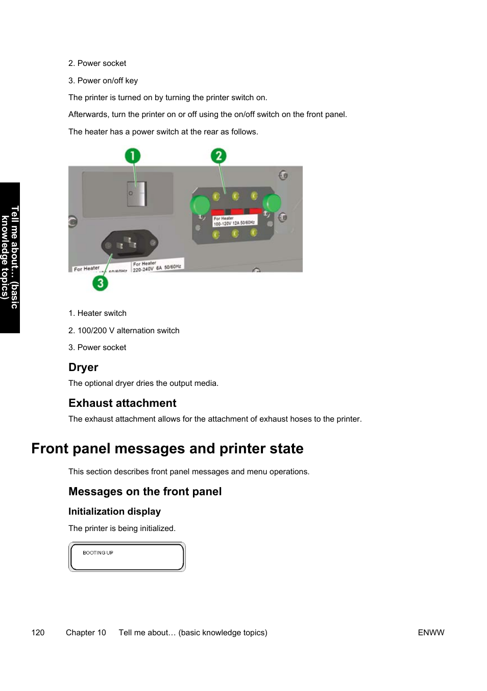 Front panel messages and printer state, Dryer, Exhaust attachment | Messages on the front panel | HP Designjet 9000s Printer series User Manual | Page 130 / 200