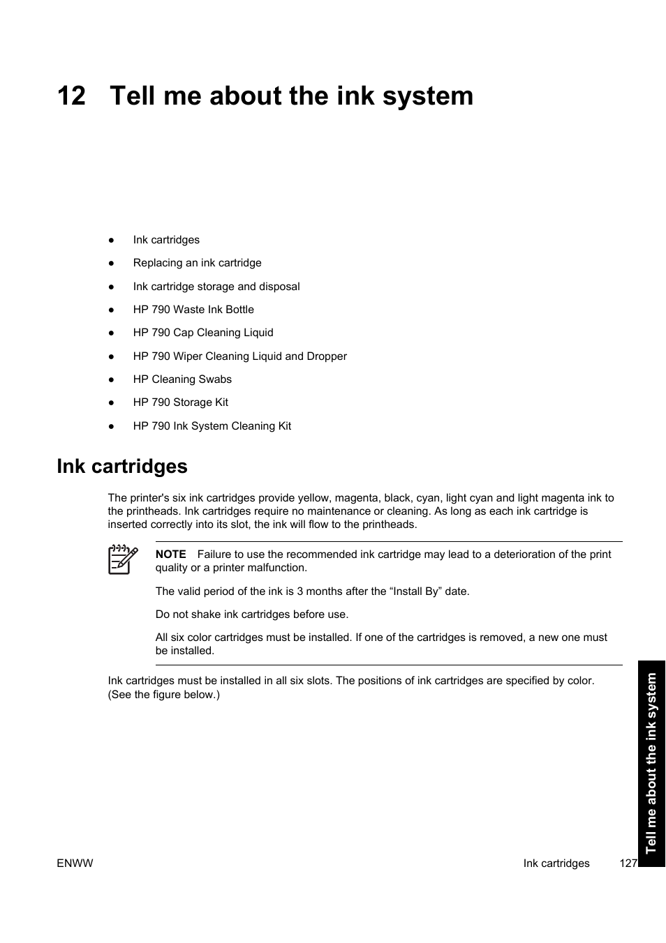 12 tell me about the ink system, Ink cartridges | HP Designjet 9000s Printer series User Manual | Page 137 / 200