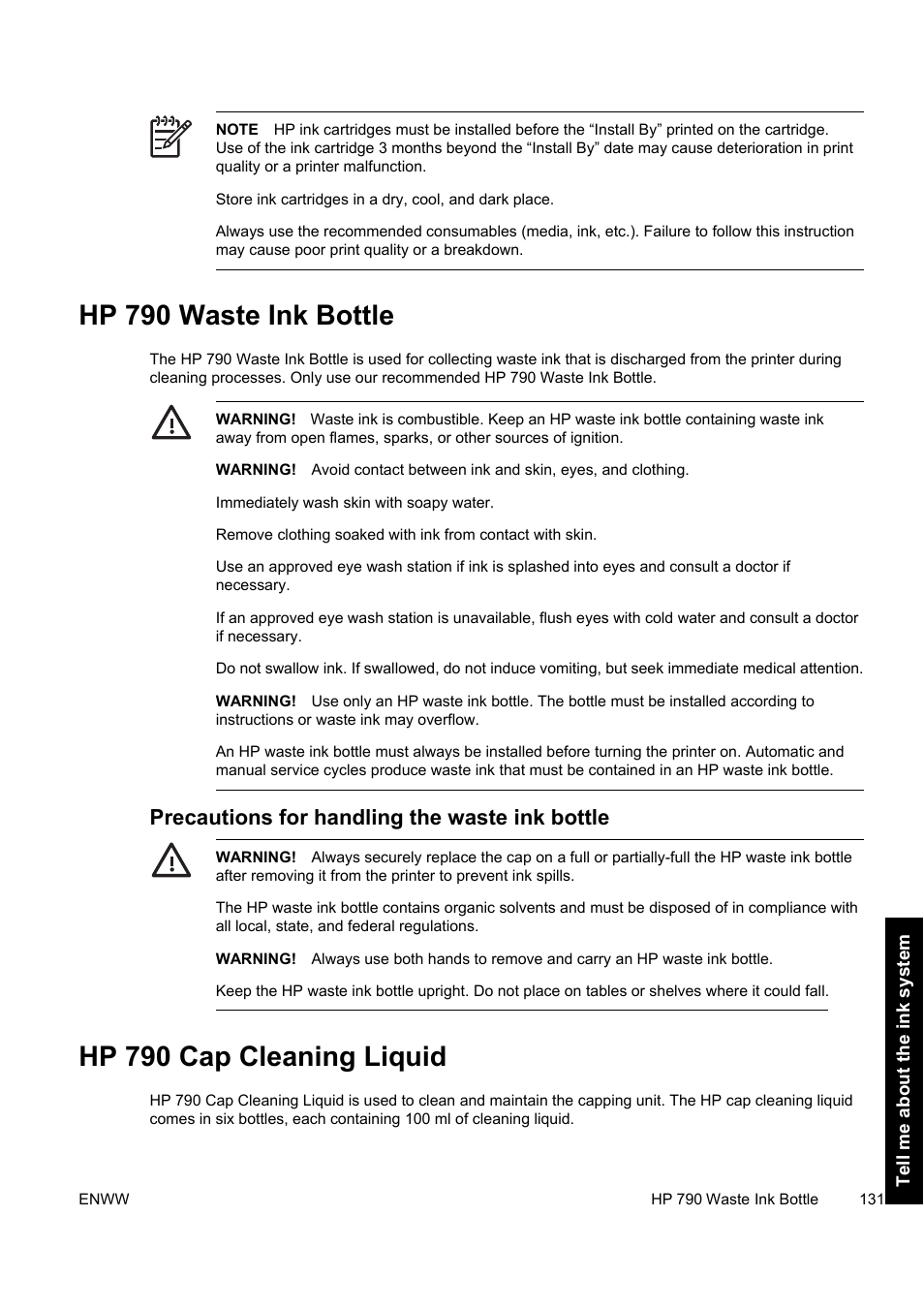 Hp 790 waste ink bottle, Hp 790 cap cleaning liquid, Precautions for handling the waste ink bottle | HP Designjet 9000s Printer series User Manual | Page 141 / 200