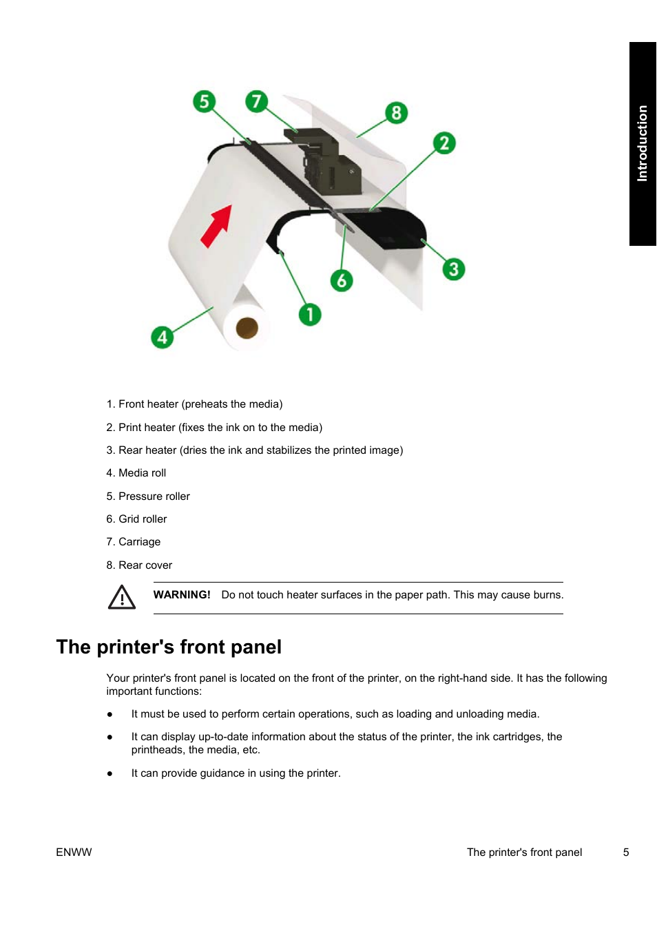 The printer's front panel | HP Designjet 9000s Printer series User Manual | Page 15 / 200