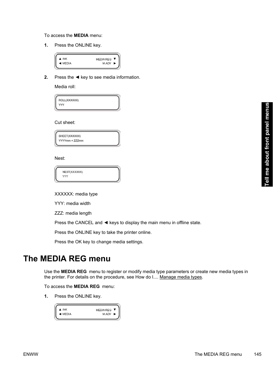 The media reg menu | HP Designjet 9000s Printer series User Manual | Page 155 / 200