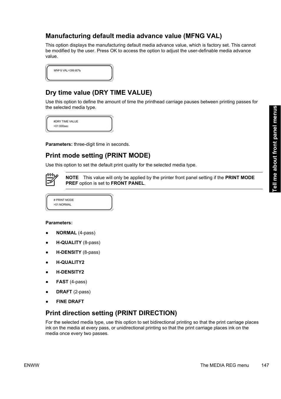 Dry time value (dry time value), Print mode setting (print mode), Print direction setting (print direction) | HP Designjet 9000s Printer series User Manual | Page 157 / 200