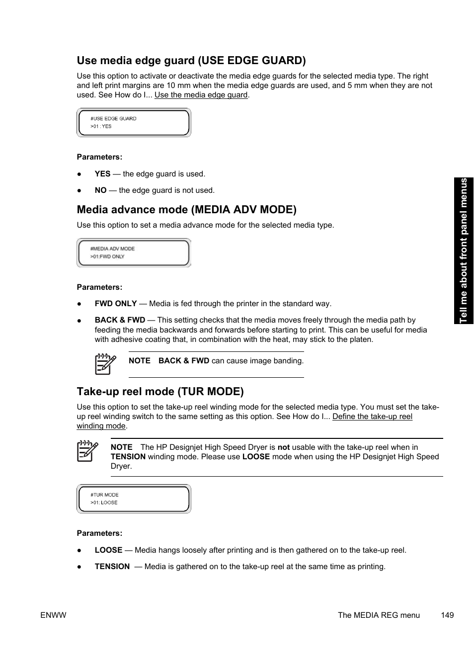 Use media edge guard (use edge guard), Media advance mode (media adv mode), Take-up reel mode (tur mode) | HP Designjet 9000s Printer series User Manual | Page 159 / 200