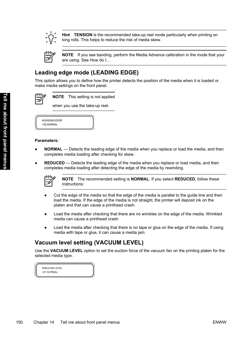 Leading edge mode (leading edge), Vacuum level setting (vacuum level) | HP Designjet 9000s Printer series User Manual | Page 160 / 200